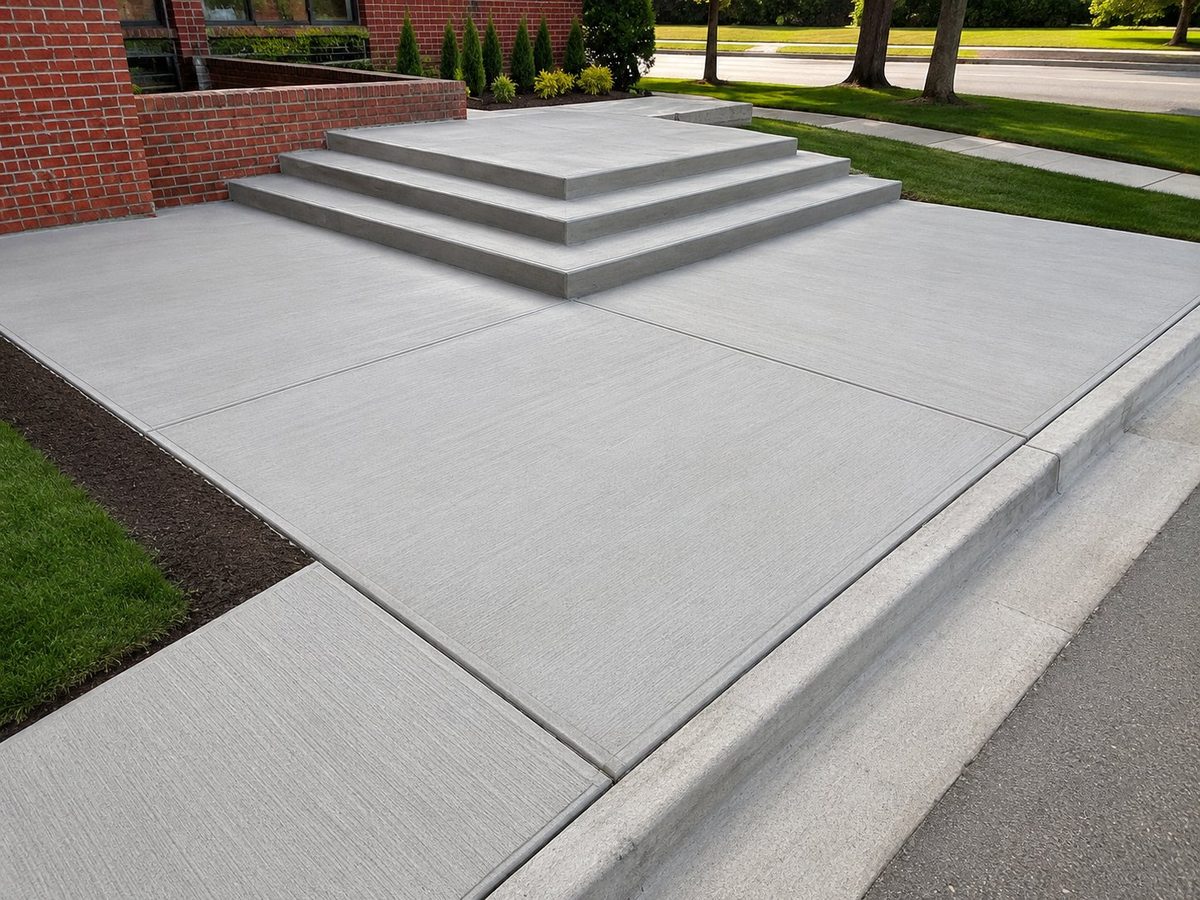 Commercial broom finish concrete entry plaza with wraparound steps