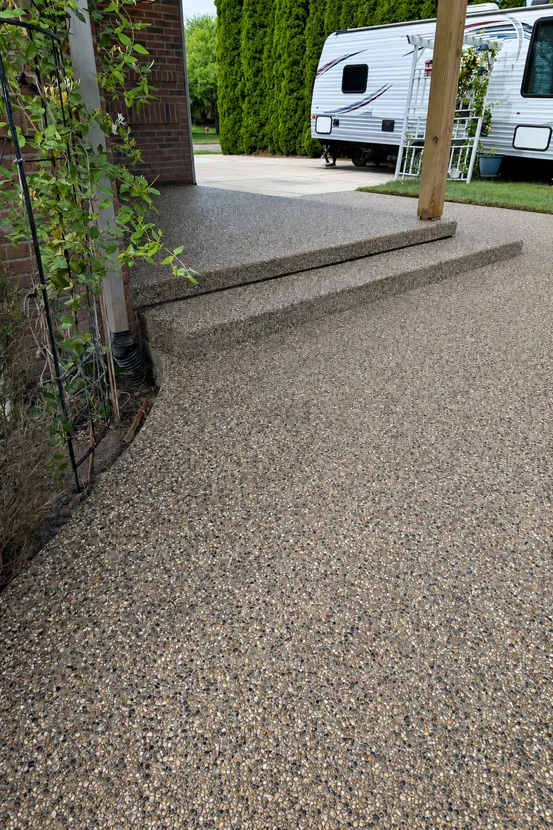 Exposed aggregate concrete patio and steps in Novi, MI
