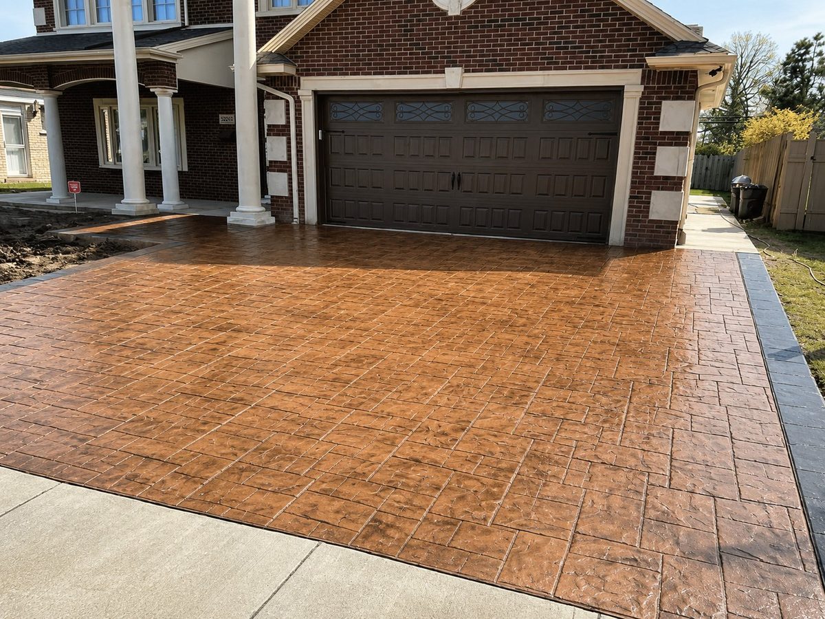 Stamped concrete driveway in cobblestone pattern with charcoal border