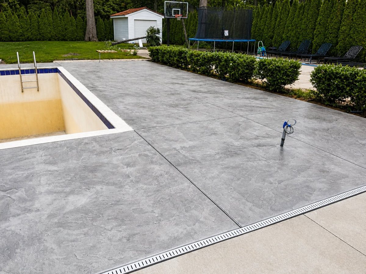 Stamped concrete pool deck in slate pattern